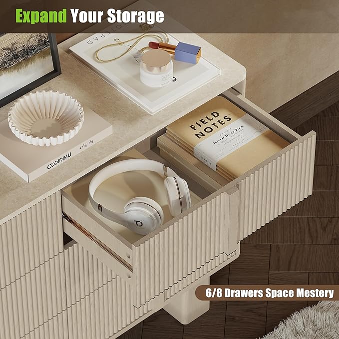 Fluted 6 Dresser for Bedroom, 47'' Modern Drawer Dressers with 2 Widened Reinforced Legs for Living Room, Hallway, Whitewashed Oak