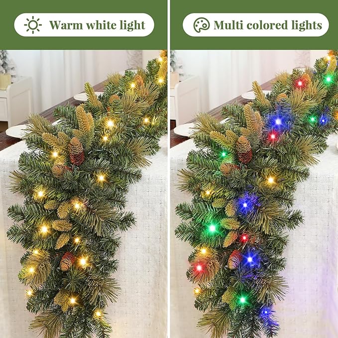 SHareconn Paquete de 2 guirnaldas de Navidad preiluminadas de 9 pies con decoraciones Christmas de piñas y luces LED multicolor enchufables, guirnalda iluminada para chimenea, mesa, decoración de Navidad en