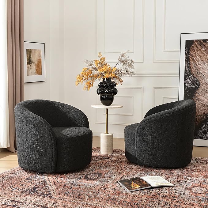 KINWELL 34" W Swivel Barrel Chair Set of 2, Mid Century Modern Round Upholstered Boucle Swivel Accent Chairs, No Assembly  Chair for Living Room Bedroom Reading, Black