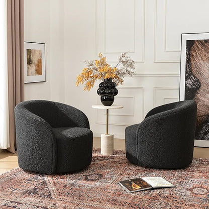 KINWELL 34" W Swivel Barrel Chair Set of 2, Mid Century Modern Round Upholstered Boucle Swivel Accent Chairs, No Assembly  Chair for Living Room Bedroom Reading, Black
