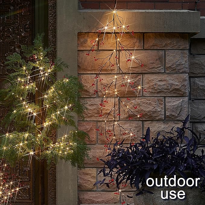 Fudios Lighted Red Berry Garland with Timer 120 LED 6FT Battery Operated USB Plug in,Lit Christmas Garlands Lights for Home Mantle Inside