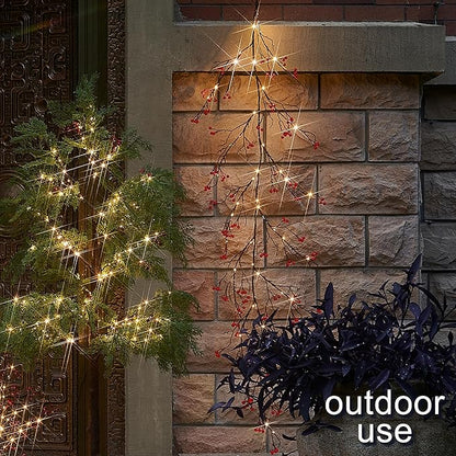 Fudios Lighted Red Berry Garland with Timer 120 LED 6FT Battery Operated USB Plug in,Lit Christmas Garlands Lights for Home Mantle Inside