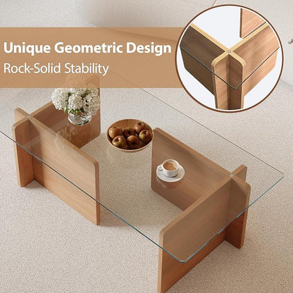 Modern Glass Coffee Table, Artistic Rectangular Coffee Table with Tempered Glass Top and Geometric Wooden Base, Designer Minimalist Center Table for Living Room, Small Space, Apartment, Office