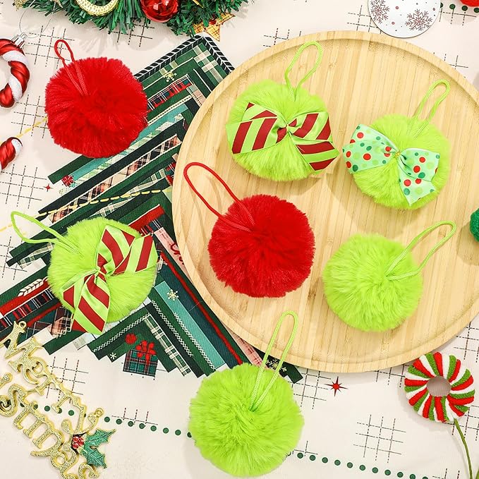 24 Pcs Red Green Furry Christmas Ball Ornaments, 3.15 Inch Large Decor Ball with Bows, Christmas Hanging Decorations Lime Green Soft Faux Fur Pom Pom Balls Decor for Xmas Tree Party Supplies