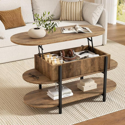 FABATO 41.7" Oval Lift Top Coffee Table, Fluted Wood Center Table with Hidden Storage, 3 Tier Small Tables with Curved Edge, Modern Narrow Coffee Table for Living Room Reception Room, Vintage Oak