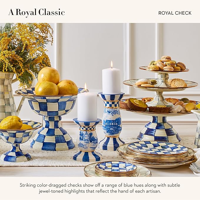 MACKENZIE-CHILDS Enamel Pedestal Platter, Round Cake Stand, Large, Blue-and-White Royal Check