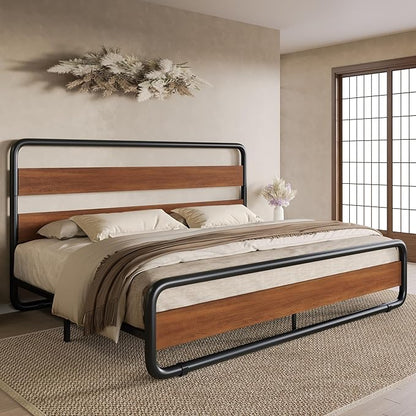 SHA CERLIN King Size Metal Bed Frame with Wooden Headboard and Footboard, Heavy Duty Platform Bed Frame with 10" Under-Bed Storage, Noise-Free, No Box Spring Needed, Vintage Walnut