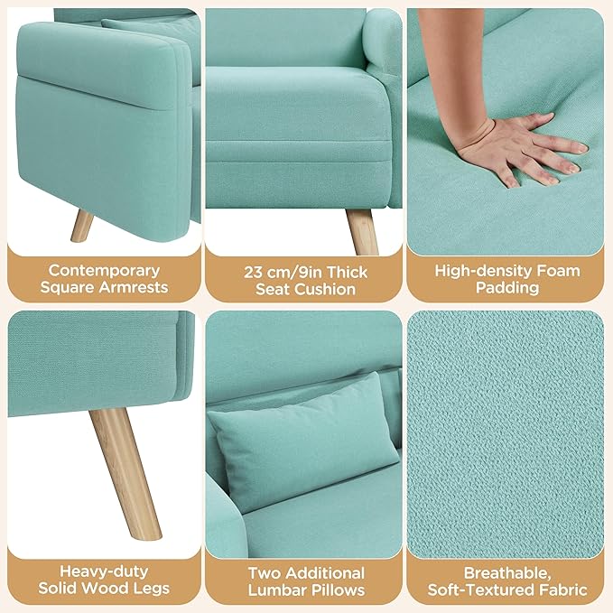 Yaheetech 46" Modern Fabric Loveseat Sofa Mid Century 2 Seater Couch Lumbar Pillows Solid Wood Legs, Aquamarine