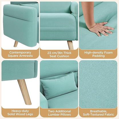 Yaheetech 46" Modern Fabric Loveseat Sofa Mid Century 2 Seater Couch Lumbar Pillows Solid Wood Legs, Aquamarine