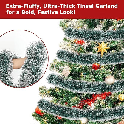 Lush Christmas Tinsel Garland, Dark Green & White Radiant Metallic Twist Streamers for Holiday Decor, Plush & Full Xmas Tree Garland for an Elegant Festive Atmosphere, Indoor & Outdoor Party Supplies