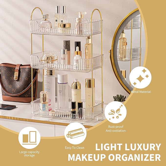 3 Tier Bathroom Organizer Countertop Makeup Perfume Skincare Organizer for Bathroom Dresser Vanity (White)
