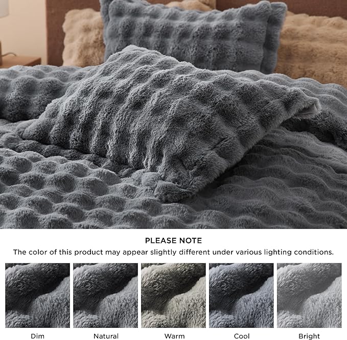 Bedsure Luxurious Faux Fur Duvet Cover Queen Size Set - Ultra Soft & Fluffy & Cozy & Warm - Elegant Shaggy Bubble Design Bedding with Duvet Cover and Pillow Shams, Grey