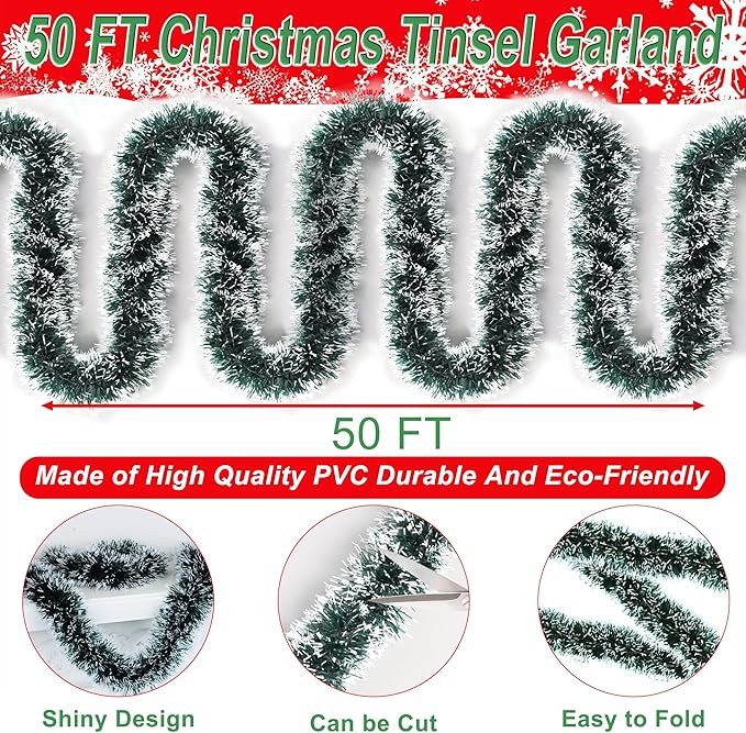 50 Feet Green Christmas Tinsel Garland for Christmas Tree Decorations, Xmas Metallic Twist Shiny Hanging Garland Decor for Mantle Stairs Fireplace Home Holiday Indoor Outdoor