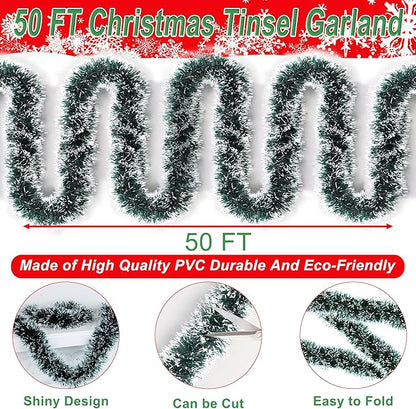 50 Feet Green Christmas Tinsel Garland for Christmas Tree Decorations, Xmas Metallic Twist Shiny Hanging Garland Decor for Mantle Stairs Fireplace Home Holiday Indoor Outdoor