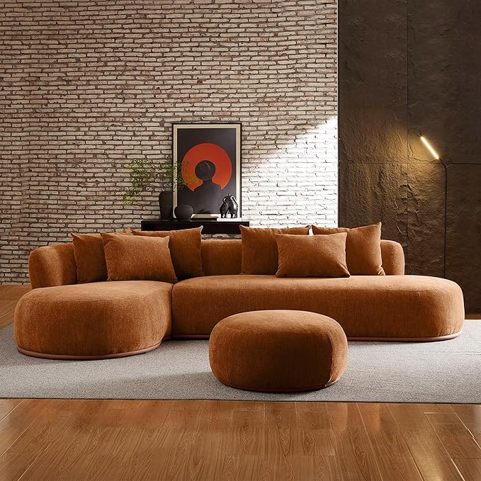 WILLIAMSPACE 134.63" Oversize Curved Sofa Cloud Couch with Round Chaise & Ottoman, Modern Upholstered Curved Sectional Sofa Couch with 6 Pillows for Living Room, No Assembly (Left-Facing,Orange)