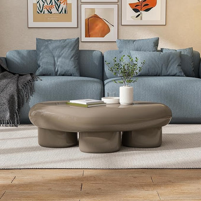 24/7 Shop at Home Kavren Modern 37-inch Oval Glossy Low Profile Coffee Table, Stone Shape Living Room Furniture for Small Space, Dark Brown