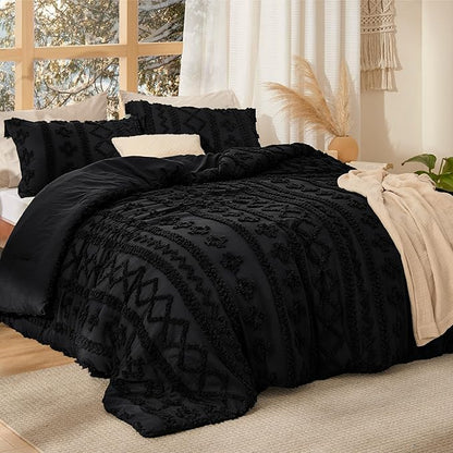 Bedsure Tufted Boho Comforter Set Oversized King - Black Boho Bed Set, GentleSoft™ 3 Pieces Farmhouse Shabby Chic Embroidery Bedding, Gifts for Woman, Soft Jacquard Comforter for All Seasons