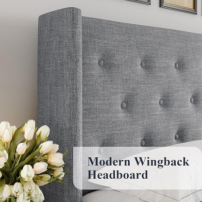 Allewie King Size Lift Up Storage Bed, Button Tufted Headboard with Wingback, Hydraulic Support, No Box Spring Needed, Light Grey