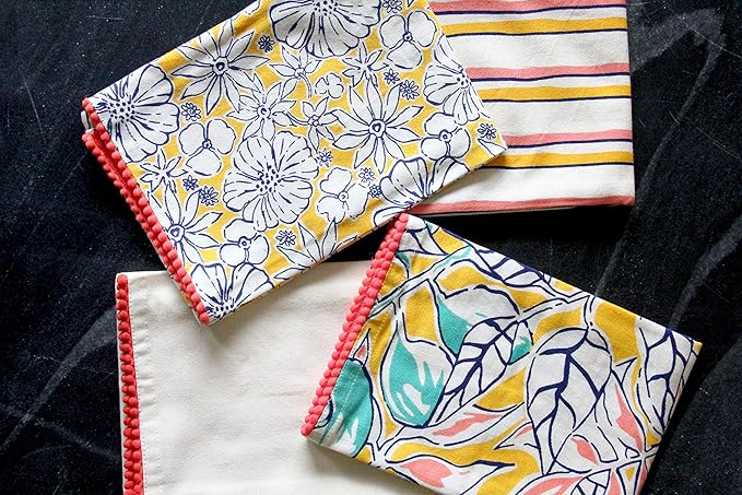 TARAN LIVING Valentine's Printed Kitchen Dish Bar and Tea Towels Cotton, 18x28 inch with Trims, Cotton Dish Towel Sets (Yellow, Set of 4)