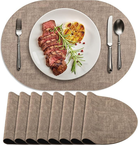 Placemats Set of 8 Non Slip, Heat Resistant Oval Faux Leather Place mats Double Layer, Waterproof Table Mats Easy to Clean for Kitchen Dining Room Coffee Office Table, Apricot