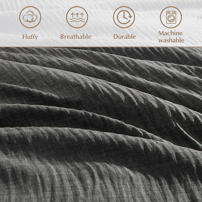 Geniospin Full Comforter Set - 7 Pieces Comforter Full Size, Solid Bedding Sets for All Season, Textured Bed in a Bag with Flat Sheet and Fitted Sheet, Pillowcases and Shams (Grey, 80''x90'')