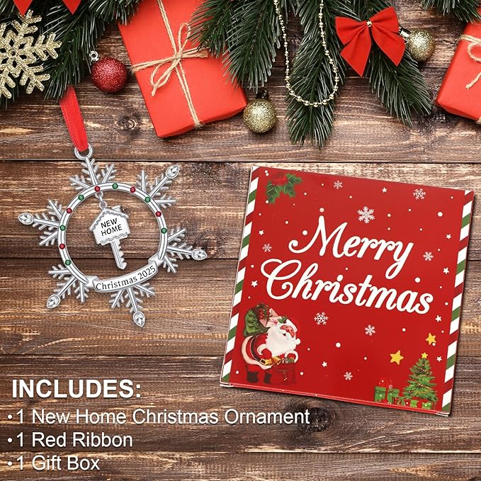 New Home Christmas Ornament 2025, First Christmas in New Home Snowflake Ornament with Key Design, Housewarming Gift for New Homeowners, Metal Xmas Tree Decoration Keepsake