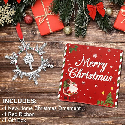 New Home Christmas Ornament 2025, First Christmas in New Home Snowflake Ornament with Key Design, Housewarming Gift for New Homeowners, Metal Xmas Tree Decoration Keepsake