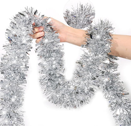 50 FT Silver Christmas Tinsel Garland Christmas Decorations for Xmas Tree Decor, Shiny Metallic Twist Hanging Tinsel Garlands for Stairs Mantle Fireplace Home Indoor Outdoor Holiday Party Supplies