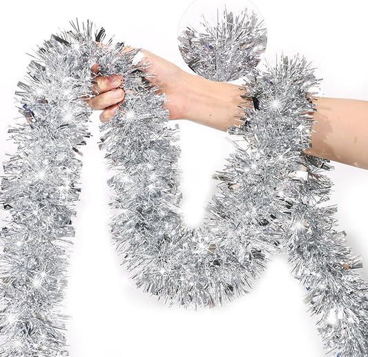 50 FT Silver Christmas Tinsel Garland Christmas Decorations for Xmas Tree Decor, Shiny Metallic Twist Hanging Tinsel Garlands for Stairs Mantle Fireplace Home Indoor Outdoor Holiday Party Supplies