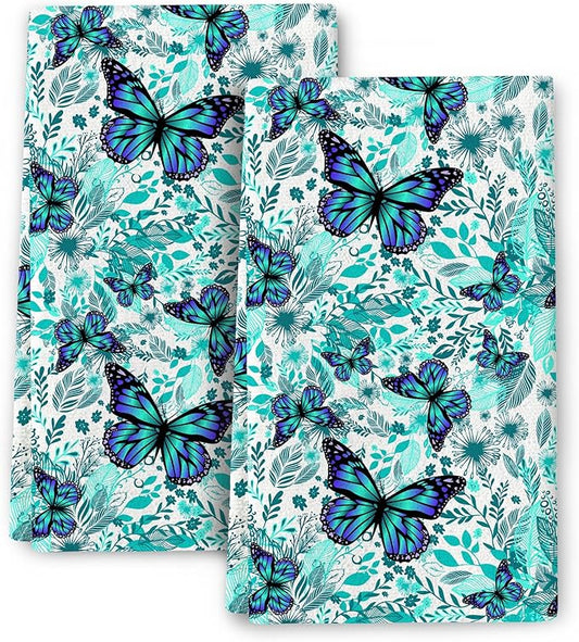 Butterfly Decorative Kitchen Dish Towels Set of 2 Absorbent Botanic Kitchen Towels, Green