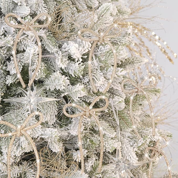 FLAIR GIFTS 12 Pcs 4.3" x 6" 2025 Christmas Bows for Tree Decor, Champagne Gold Sparkly Glitter Rhinestone Bow Ornaments with Twist Tie for Xmas Decoration, Wreath, Garland, Gift Wrapping