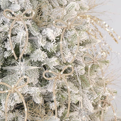 FLAIR GIFTS 12 Pcs 4.3" x 6" 2025 Christmas Bows for Tree Decor, Champagne Gold Sparkly Glitter Rhinestone Bow Ornaments with Twist Tie for Xmas Decoration, Wreath, Garland, Gift Wrapping