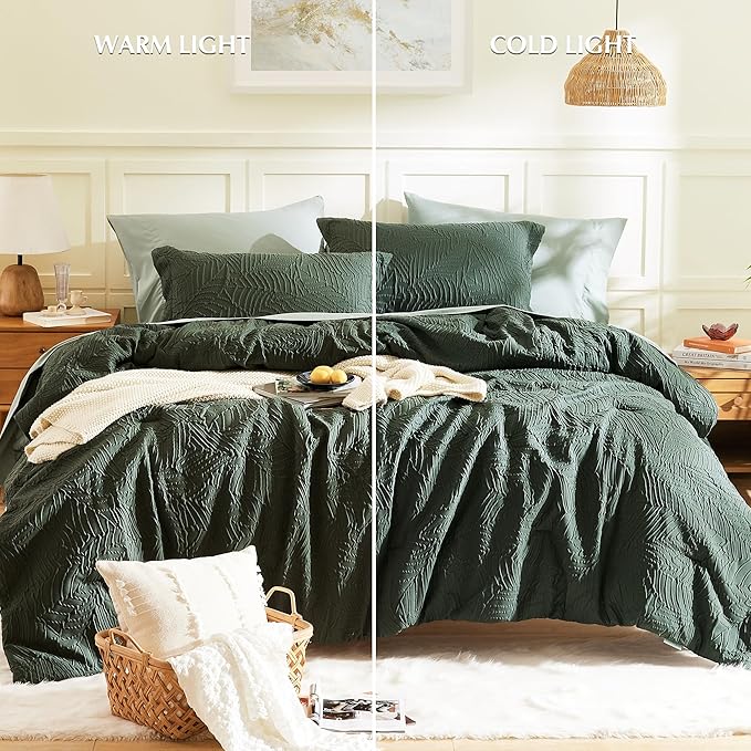 Geniospin Full Size Comforter Set - 7 Pieces Dark Green Bedding Set, Botanical Textured Comforter Bed Set, All Season Lightweight Bed in a Bag with Comforter, Sheets, Pillowcases & Shams