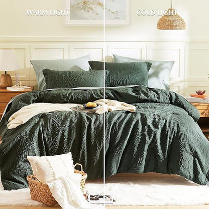 Geniospin Twin Comforter Set - 5 Pieces Dark Green Bedding Set, Botanical Textured Comforter Bed Set, All Season Lightweight Bed in a Bag with Comforter, Sheets, Pillowcases & Shams