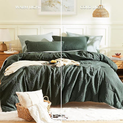 Geniospin King Size Comforter Set - 7 Pieces Dark Green Bedding Set, Botanical Textured Comforter Bed Set, All Season Lightweight Bed in a Bag with Comforter, Sheets, Pillowcases & Shams