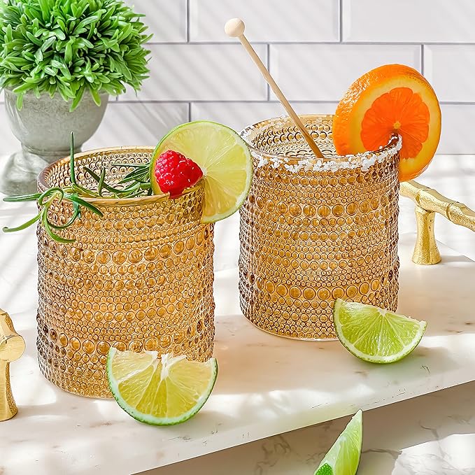 Kate Aspen Beaded Amber Drinking Glasses Set of 6-10 oz Vintage Glassware Set Jupiter Glasses, Cocktail Glass Set, Juice Glass, Water Cups Hostess Gift, Present, Gift for Newlyweds