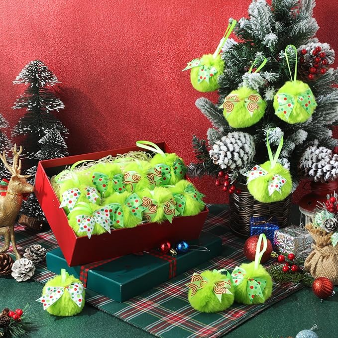 Liliful 18 Pcs Lime Green Furry Christmas Ball Ornaments3.15 Inch Bow Xmas Furry Ornaments Hanging Christmas Pom Pom Ball Decorations for Home Xmas Tree Party Supplies Wall Decor(Style 4,Multicolor)