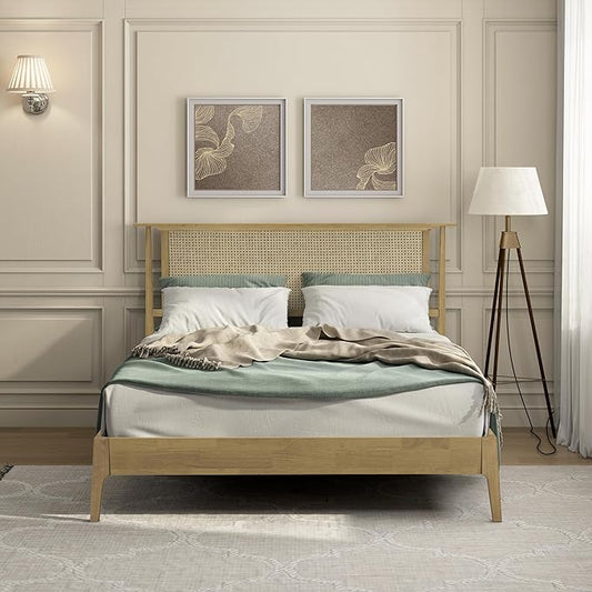NTC Ruby Wooden Bed Frame with Headboard, Solid Wood Foundation with Silent Slats and Wood Central Supports, 1000 Lb Capacity, Effortless Assembly, Multiple Sizes and Colors (Sand, Queen)