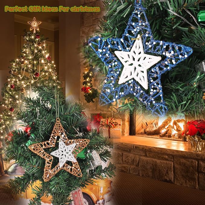 Set of 4 Hanging Star Christmas Ornaments, Glitter Star for Holiday Decorations, Winter Christmas Window Hanging Decor, 6" Diameter (Gold and Blue)
