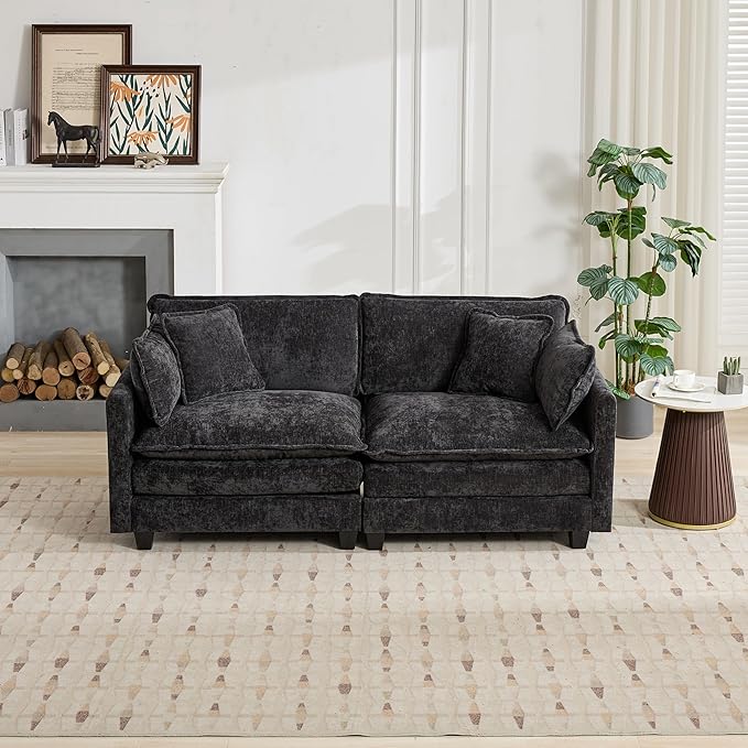 SoarFlash 71.6" Chenille Sectional Sofa, Comfy Modular Loveseat Sofa, Modern 2-Seat Couch Deep Seat Sofa Set for Living Room,Black