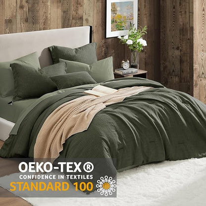 Geniospin Dark Olive Green Full Comforter Set - 7 Pieces Comforter Full Size, Solid Bedding Set for All Season, Textured Bed in a Bag with Sheets