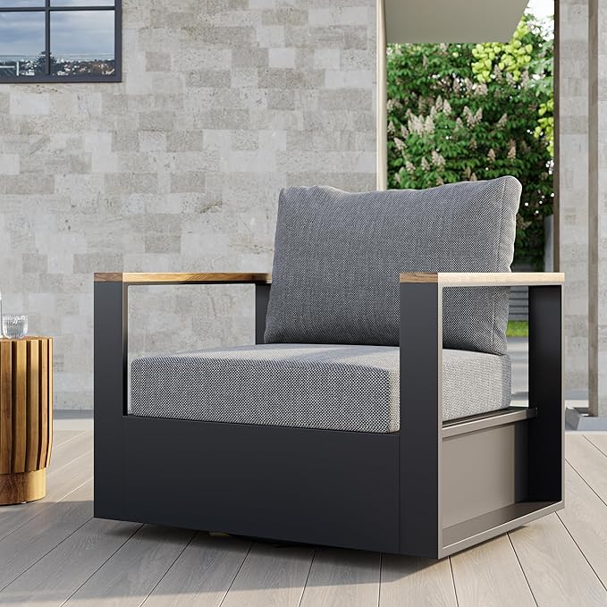 homary Outdoor Swivel Chair, Patio Chair Outdoor Seating with Gray Cushions, Aluminum Frame & Wood Accents, 360° Rotating Base, Weather-Resistant Upholstery for Patio or Deck