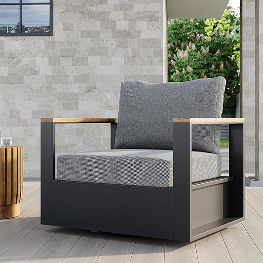 homary Outdoor Swivel Chair, Patio Chair Outdoor Seating with Gray Cushions, Aluminum Frame & Wood Accents, 360° Rotating Base, Weather-Resistant Upholstery for Patio or Deck