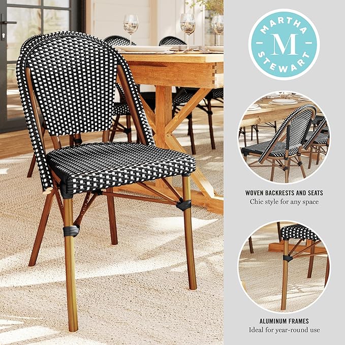 Martha Stewart Lily Pond Indoor-Outdoor Stackable Bistro Outdoor Chairs with Natural Woodgrain Aluminum Frame Finish, Black/White Woven Rattan Backrests/Seats, Set of 2