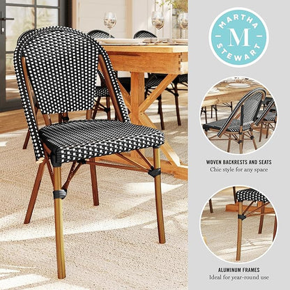 Martha Stewart Lily Pond Indoor Outdoor Stackable Aluminum Bistro Outdoor Chair with Natural Woodgrain Frame Finish and Black/White Woven Rattan Backrest and Seat