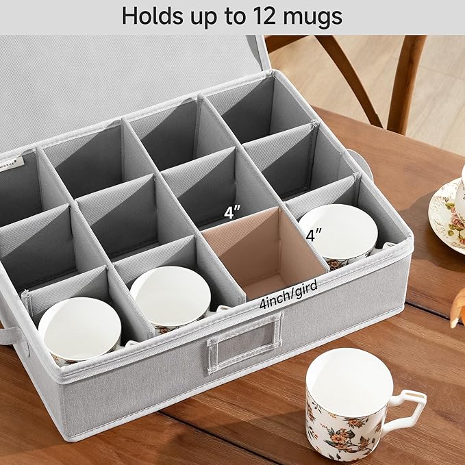 StorageWorks China Storage Container, Stackable Mug Storage Box with Dividers, Stemware Storage Cases, Hard Shell China Cup Organizer, Holds 12 Tea Cups and Coffee Mug, 1 Pack, Light Gray