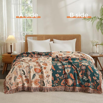 Boho Throw Blanket 100% Cotton Woven Ultra Soft 4-Layer Muslin Quilt Farmhouse Bed Blanket Cover 60"x80", Floral
