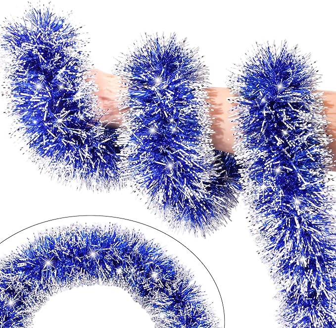 33FT Blue Tinsel Christmas Garland Metallic Twist Shiny Garland for Christmas Tree Decorations, Xmas Holiday Hanging Garland for Home Indoor Outdoor Party Supplies Decor (Blue, White)