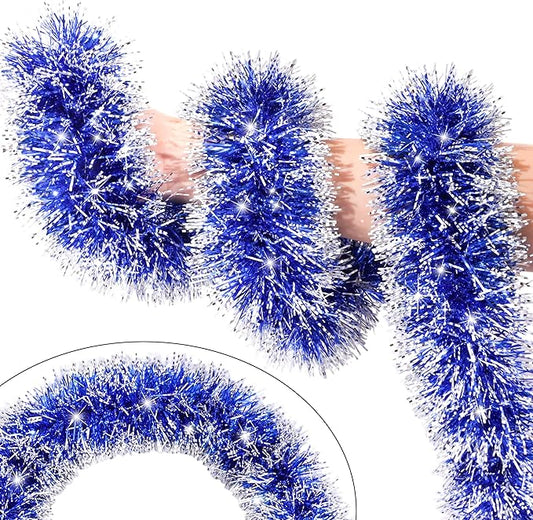33FT Blue Tinsel Christmas Garland Metallic Twist Shiny Garland for Christmas Tree Decorations, Xmas Holiday Hanging Garland for Home Indoor Outdoor Party Supplies Decor (Blue, White)