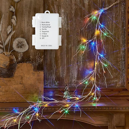 Fudios Lighted Birch Garland Battery Operated with 8 Functions 48 LED Warm White and Multi Color Lights 6FT,Pre Lit White Vine Garland for Fireplace Mantle Christmas Holiday Decor Indoor Outdoor use